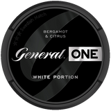 General ONE White Portion snus can – strong white pouch with spicy tobacco and bergamot flavour