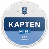 Can of Kapten Mini Vit Portion snus – 20 mini white portions with tobacco and bergamot flavour