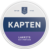Can of Kapten Vit Lakrits Portionssnus – 20 white portions, tobacco with licorice flavour