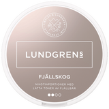 Lundgrens Fjällskog All White nicotine pouches can — white portion, 21 pouches, mountain‑berry flavour, tobacco‑free
