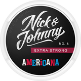 Nick & Johnny Americana Xtra Strong Portion snus can — 20 original‑portion pouches, tobacco with cherry, almond and berry flavour, extra strong nicotine