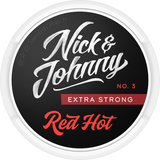 Nick & Johnny Red Hot Extra Strong Portion snus can — 20 large pouches, spicy tobacco with cinnamon, clove and chili flavour, extra strong nicotine