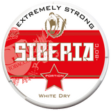 Close-up of Siberia 80 Degrees White Dry Portion snus can with 20 dry white pouches