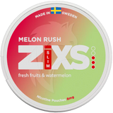 ZiXS Melon Rush Slim all‑white nicotine pouches can, slim format, sweet melon flavour