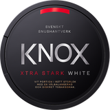 Knox Xtra Stark White Portion snus can — 24 prillor, extra strong white‑portion snus with tobacco bergamot citrus flavour