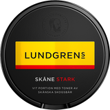 Lundgrens Skåne Stark white‑portion snus can — 22 prillor, tobacco with forest‑berry and juniper flavour, strong nicotine
