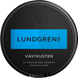 Lundgrens Västkusten white portion snus can — 22 prillor, tobacco with rose hip and heather flavour, normal strength