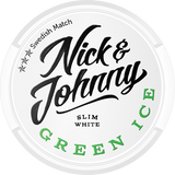 Nick & Johnny Green Ice White Slim snus can — 24 slim white‑portion prillor, mint and tobacco flavour, normal nicotine strength