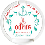 Oden’s Extreme White Dry Double Mint snus can — white portion snus with mint flavour